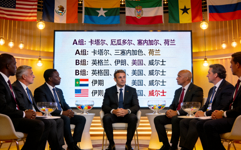 世界杯小组赛抽签仪式现场，各国家队代表齐聚一堂，大屏幕显示分组结果